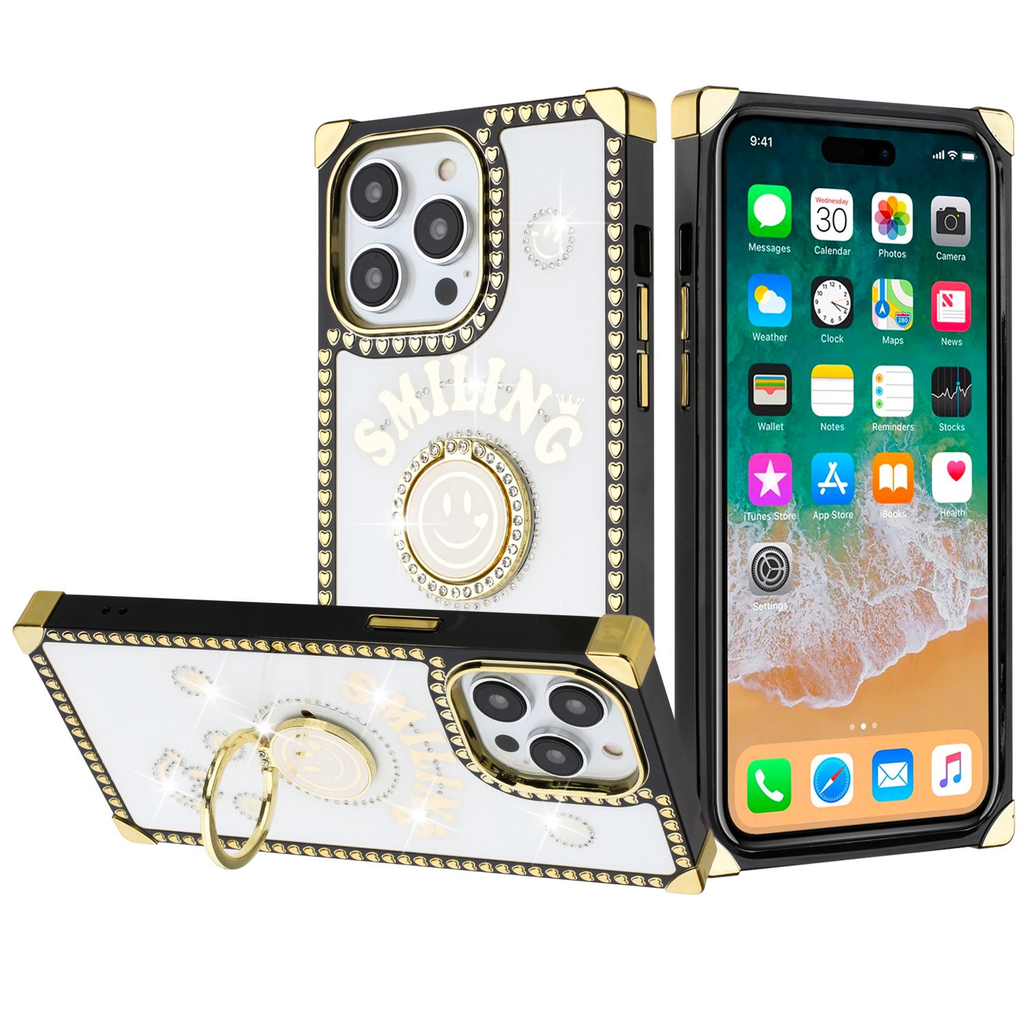 for apple iphone 14 pro 6.1" passion hearts smiling diamond ring stand case cover white