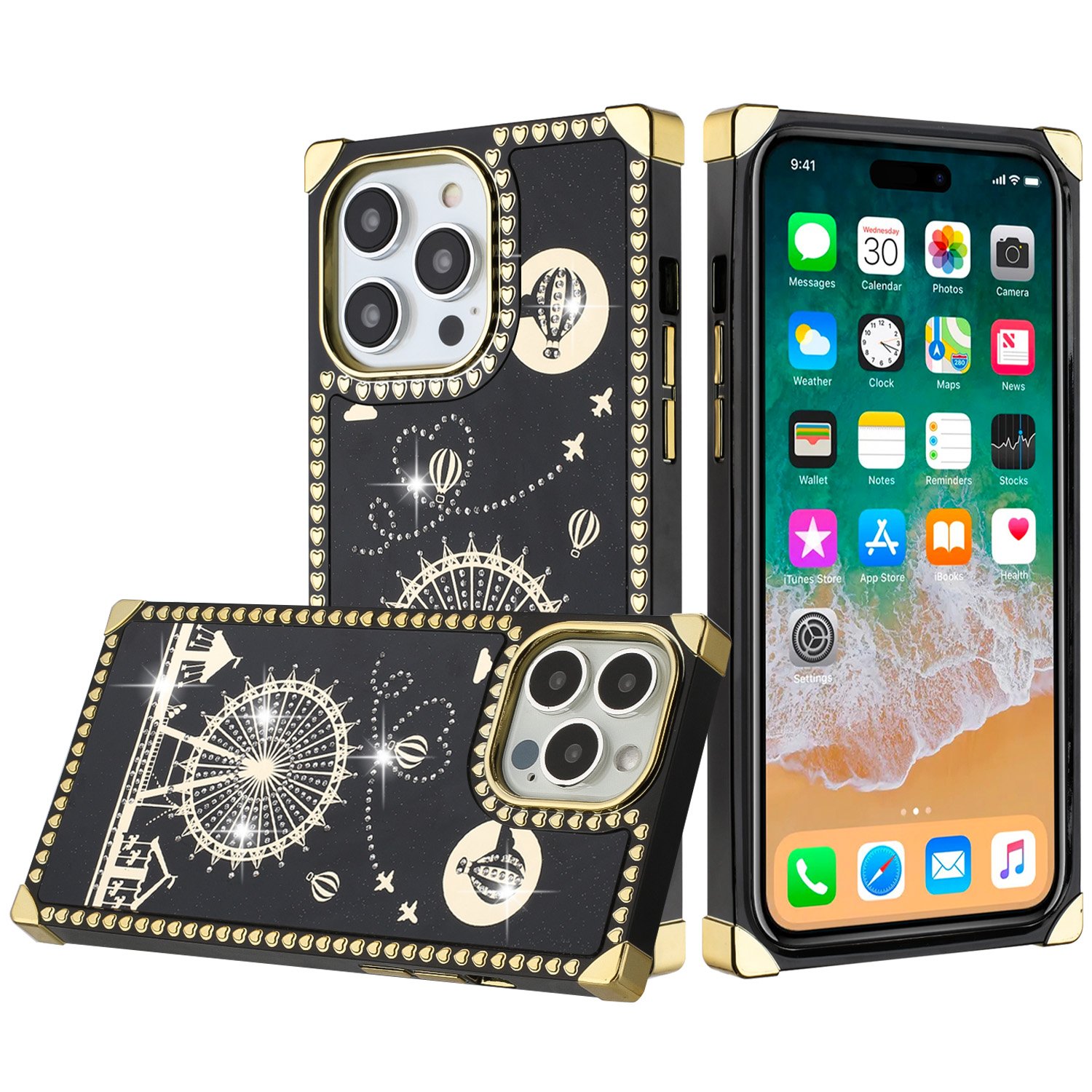 for apple iphone 14 pro 6.1" passion hearts windmill love balloon fun case cover black