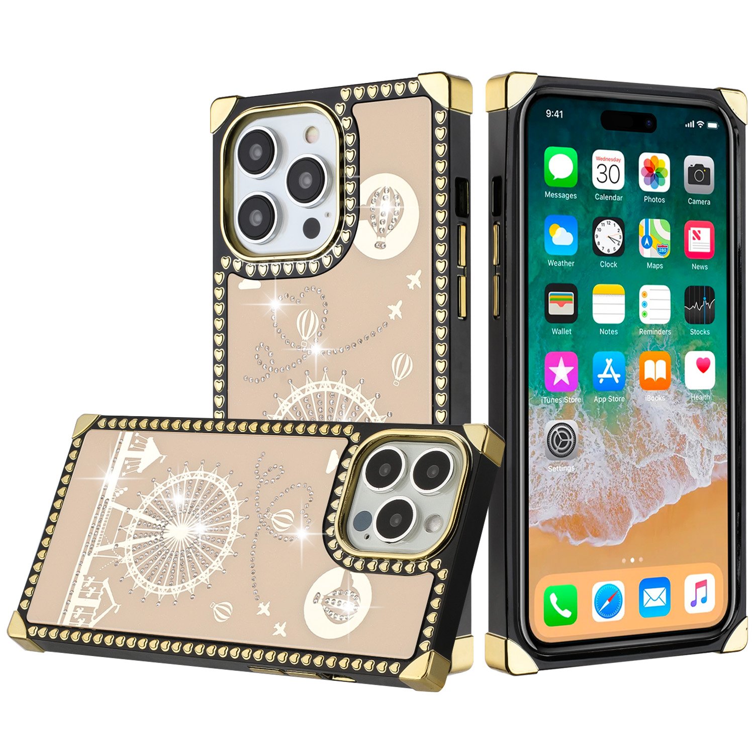 for apple iphone 14 pro 6.1" passion hearts windmill love balloon fun case cover gold