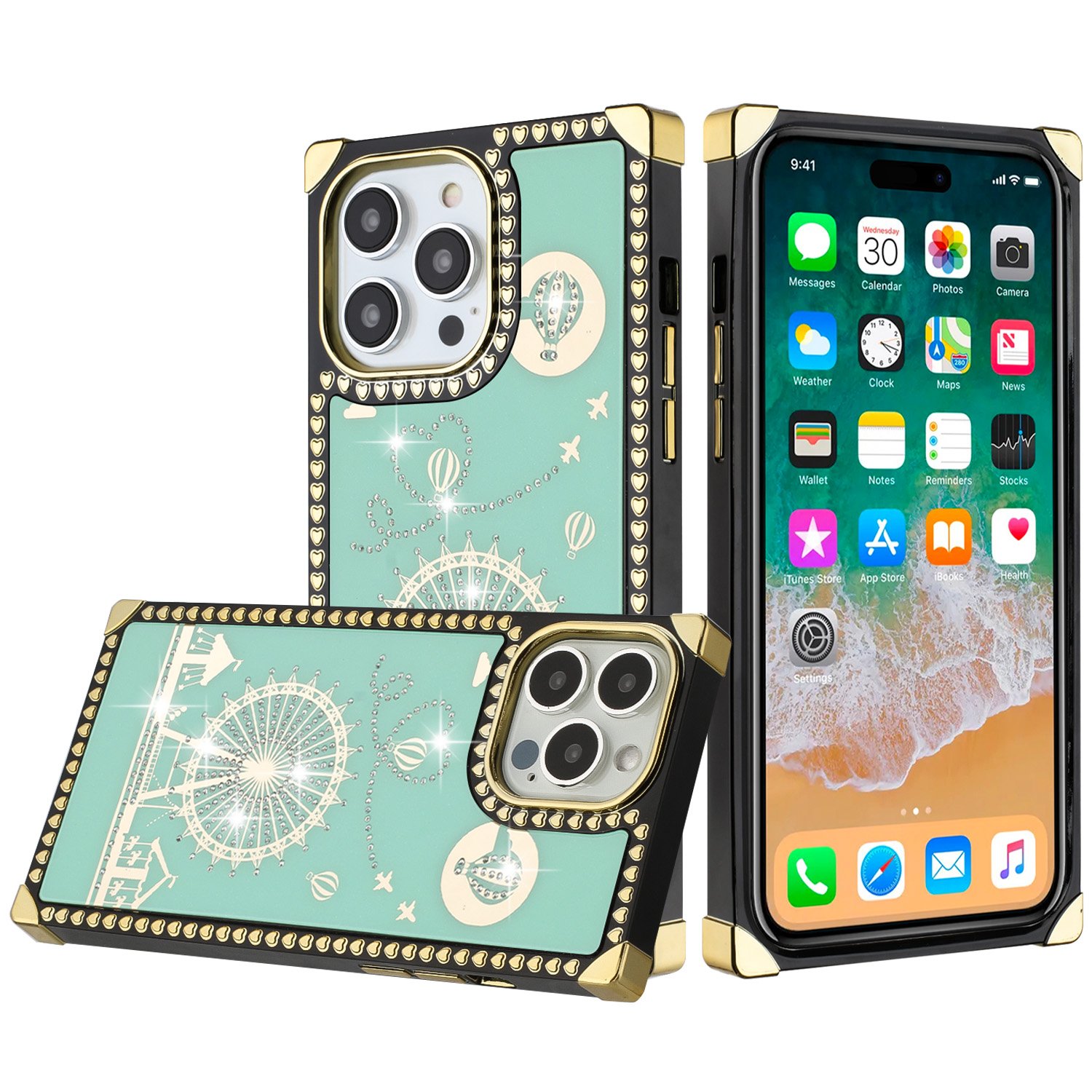 for apple iphone 14 pro 6.1" passion hearts windmill love balloon fun case cover teal