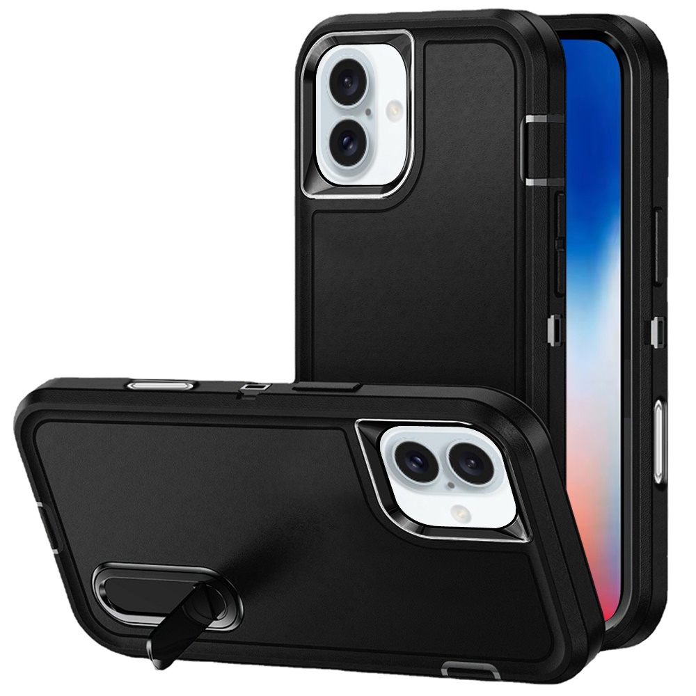 for iphone 16 6.1 inch peak 3in1 toughest hybrid with stand cover case black/black