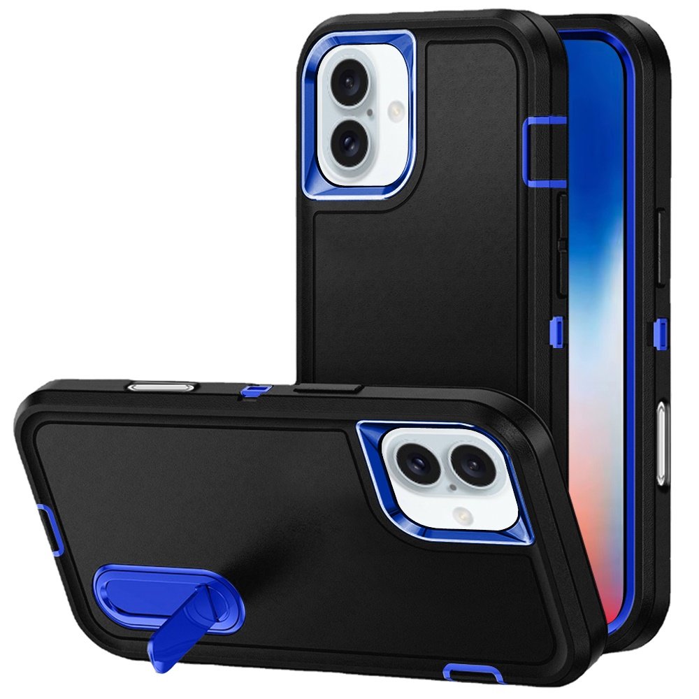 for iphone 16 6.1 inch peak 3in1 toughest hybrid with stand cover case black/blue