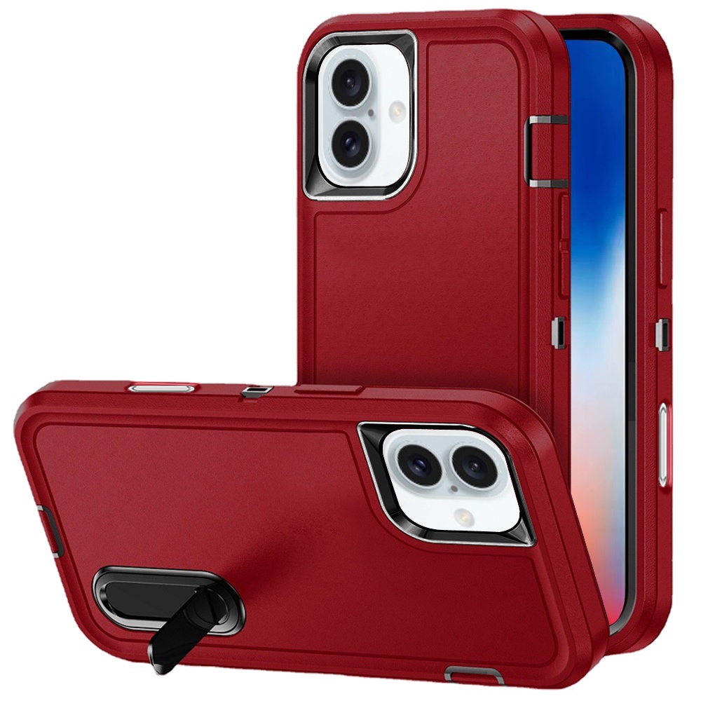 for iphone 16 6.1 inch peak 3in1 toughest hybrid with stand cover case black/red