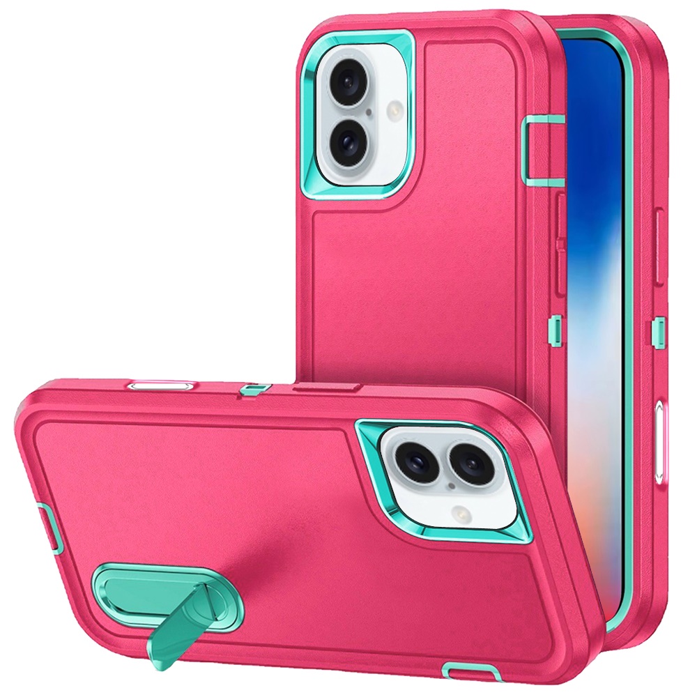 for iphone 16 6.1 inch peak 3in1 toughest hybrid with stand cover case teal/hot pink