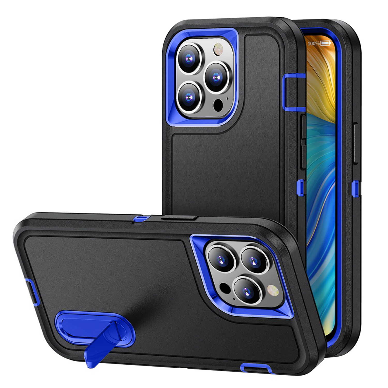 for apple iphone 14 pro max 6.7" peak 3in1 toughest hybrid with stand cover case black/blue