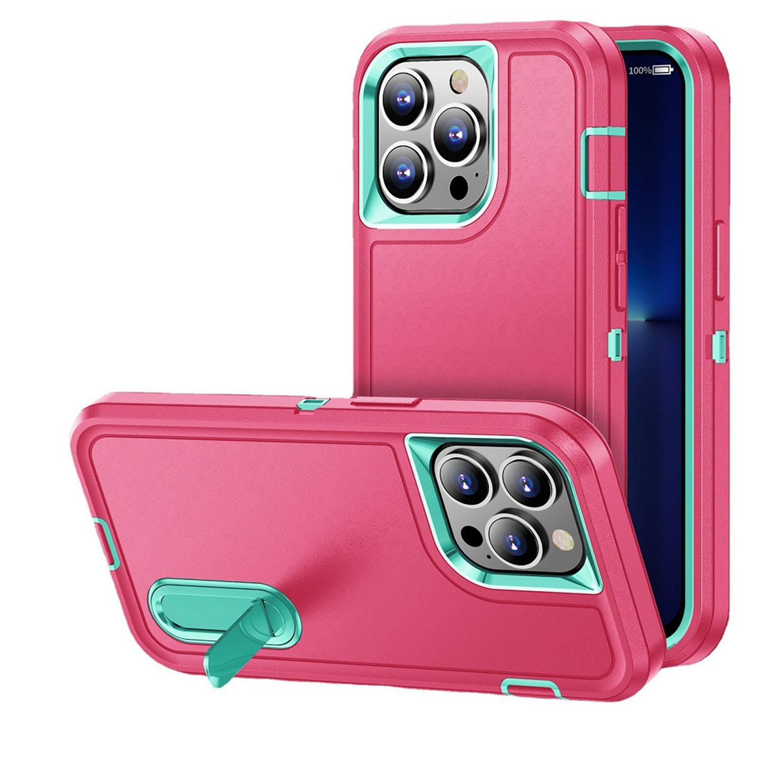 for apple iphone 14 pro max 6.7" peak 3in1 toughest hybrid with stand cover case teal/hot pink