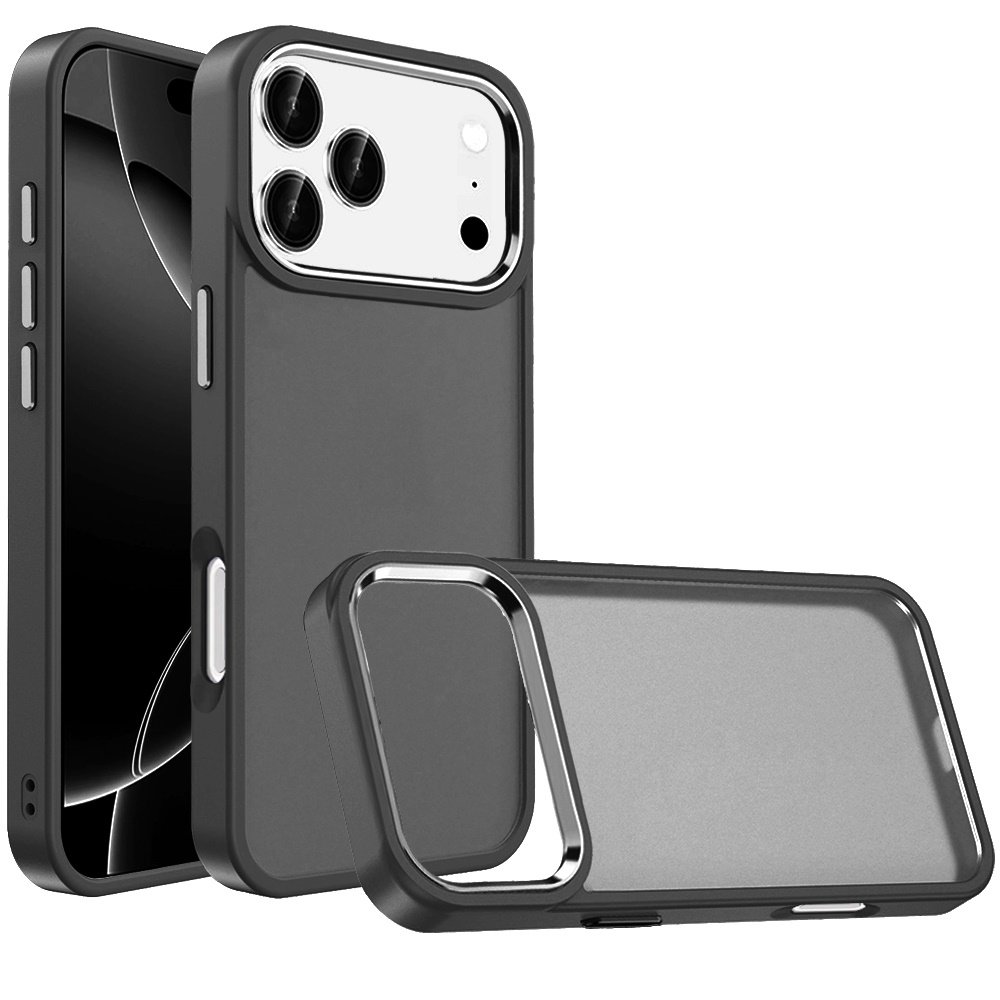 for iphone 17 pro max polished oil thick acrylic metal button hybrid case cover black