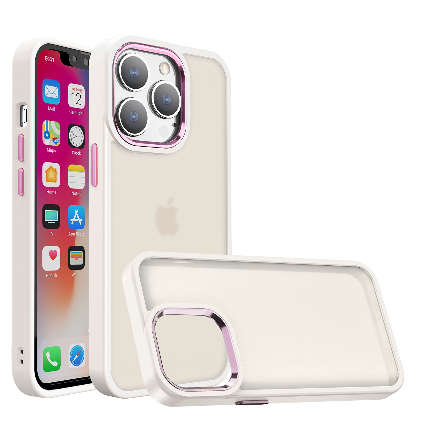 for apple iphone 14 pro max 6.7" polished oil thick acrylic metal button hybrid case cover beige
