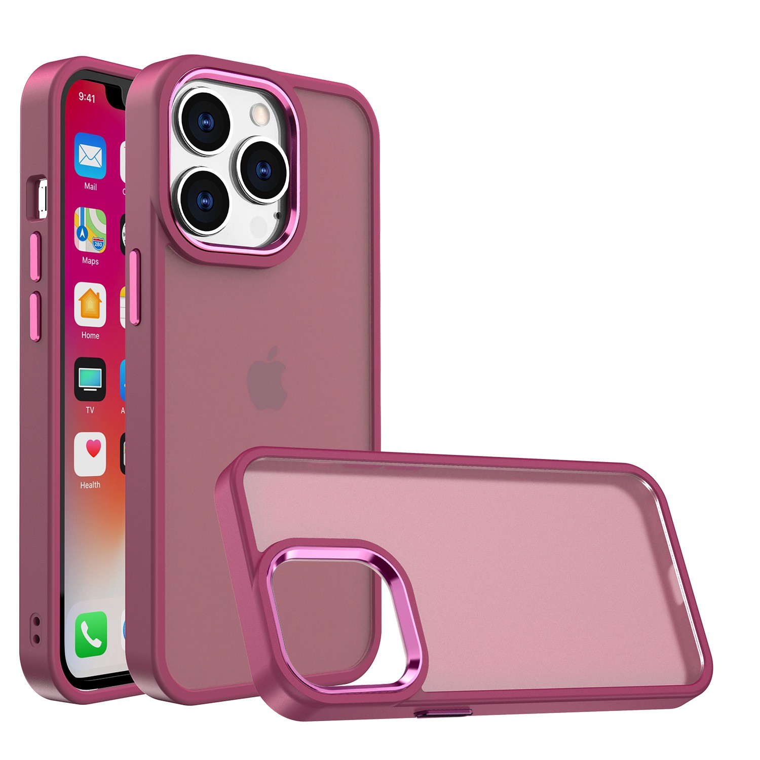 for apple iphone 14 pro max 6.7" polished oil thick acrylic metal button hybrid case cover burgundy