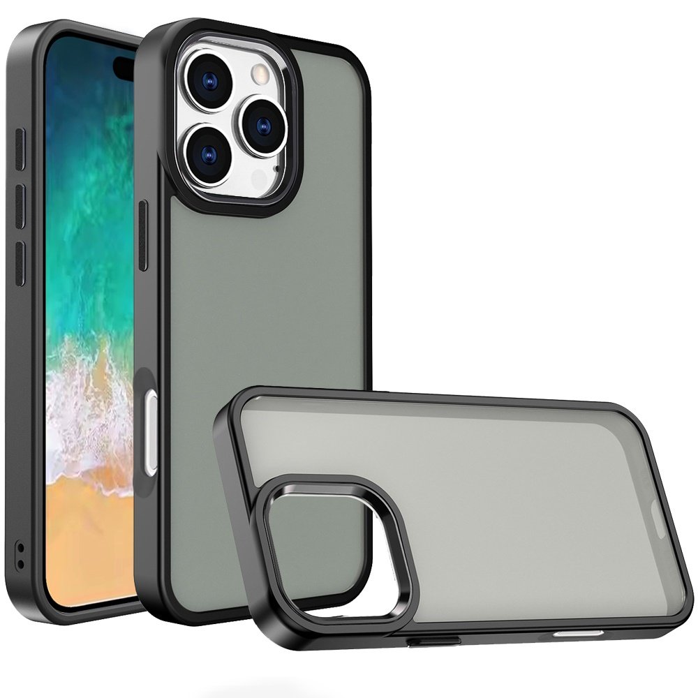 for iphone 16 pro max 6.9 inch polished oil thick acrylic metal button hybrid case cover black
