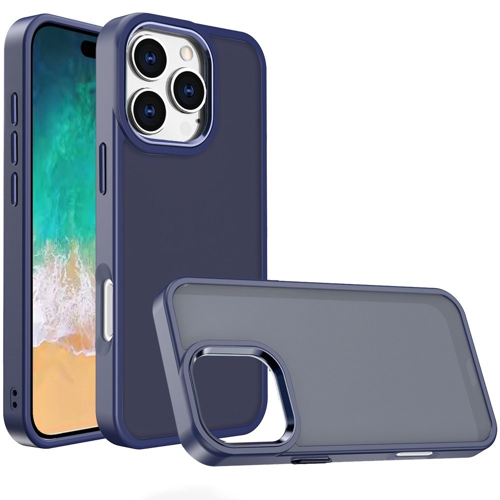 for iphone 16 pro max 6.9 inch polished oil thick acrylic metal button hybrid case cover dark blue