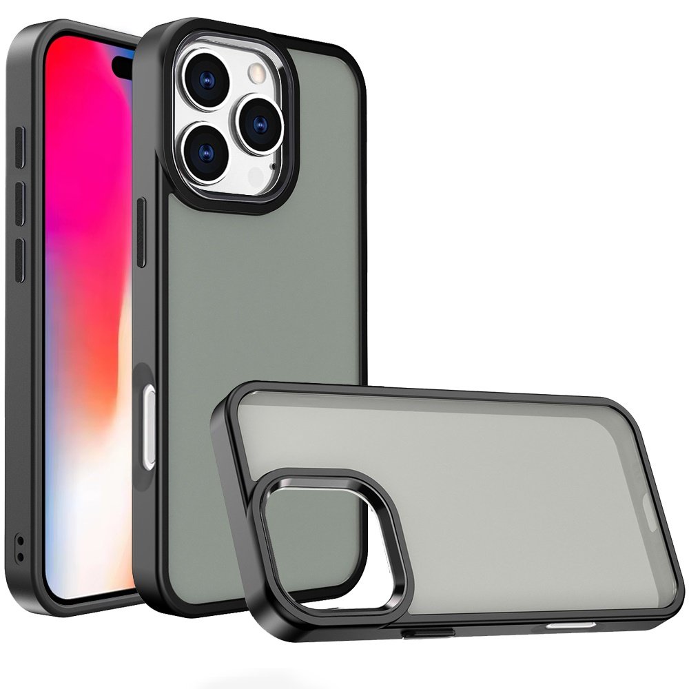 for iphone 16 pro 6.3 inch polished oil thick acrylic metal button hybrid case cover black