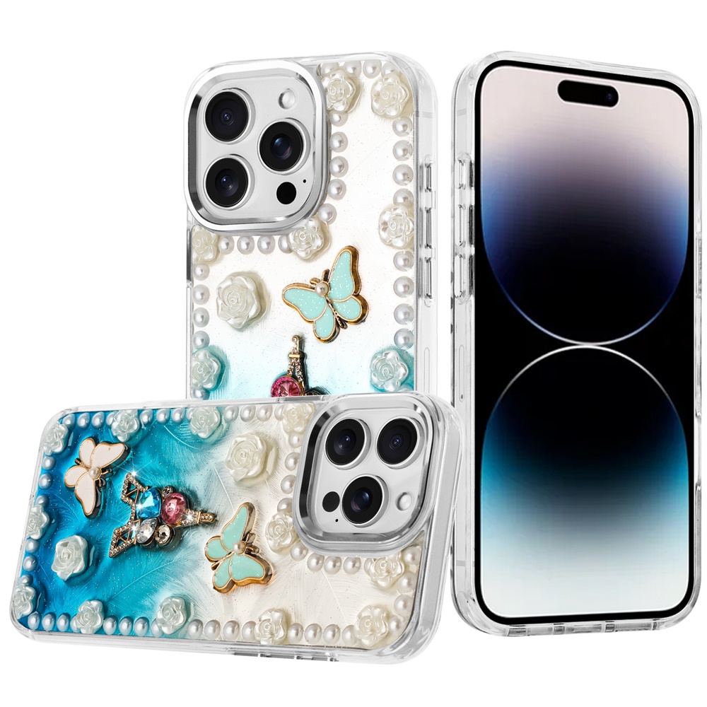 for iphone 14 pro max 6.7" pearls epoxy glitter ornaments design chrome edged case 4
