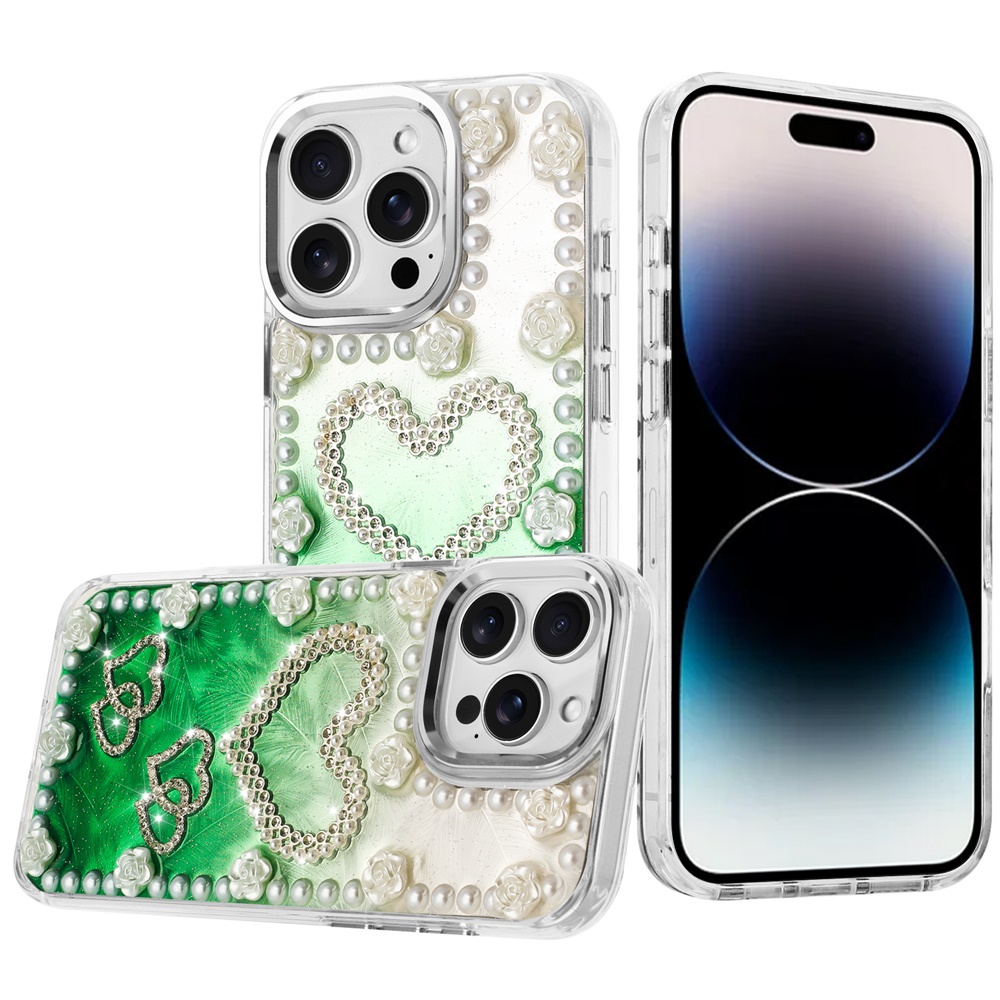 for iphone 14 pro max 6.7" pearls epoxy glitter ornaments design chrome edged case 5