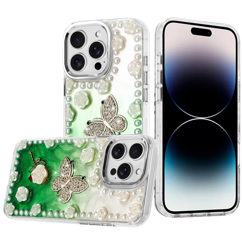for iphone 14 pro max 6.7" pearls epoxy glitter ornaments design chrome edged case 6