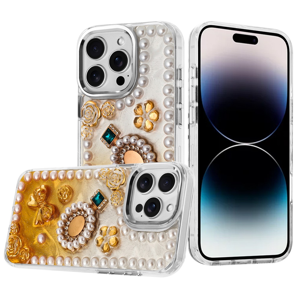 for iphone 14 pro max 6.7" pearls epoxy glitter ornaments design chrome edged case 8