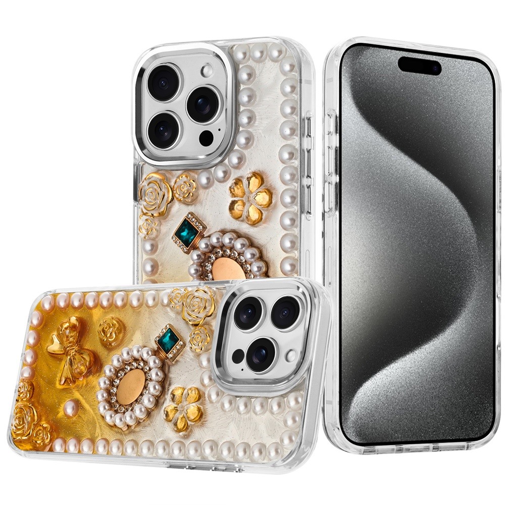 for ip15 pro max pearls epoxy glitter ornaments design chrome edged case 8