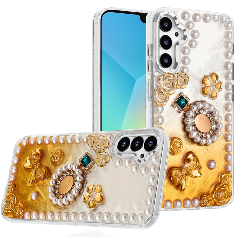 for samsung a16 5g pearls epoxy glitter ornaments design chrome edged case 8