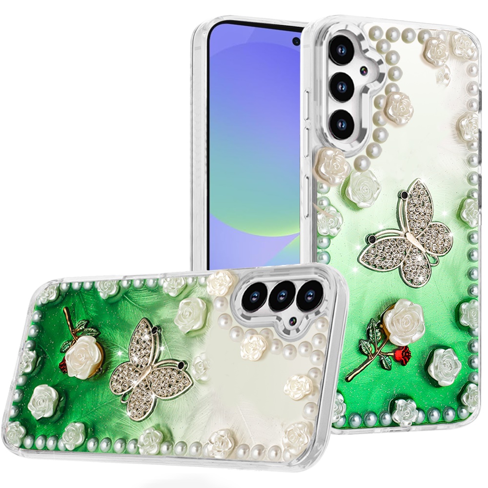 for samsung galaxy a36 / a56 pearls epoxy glitter ornaments design chrome edged case 6