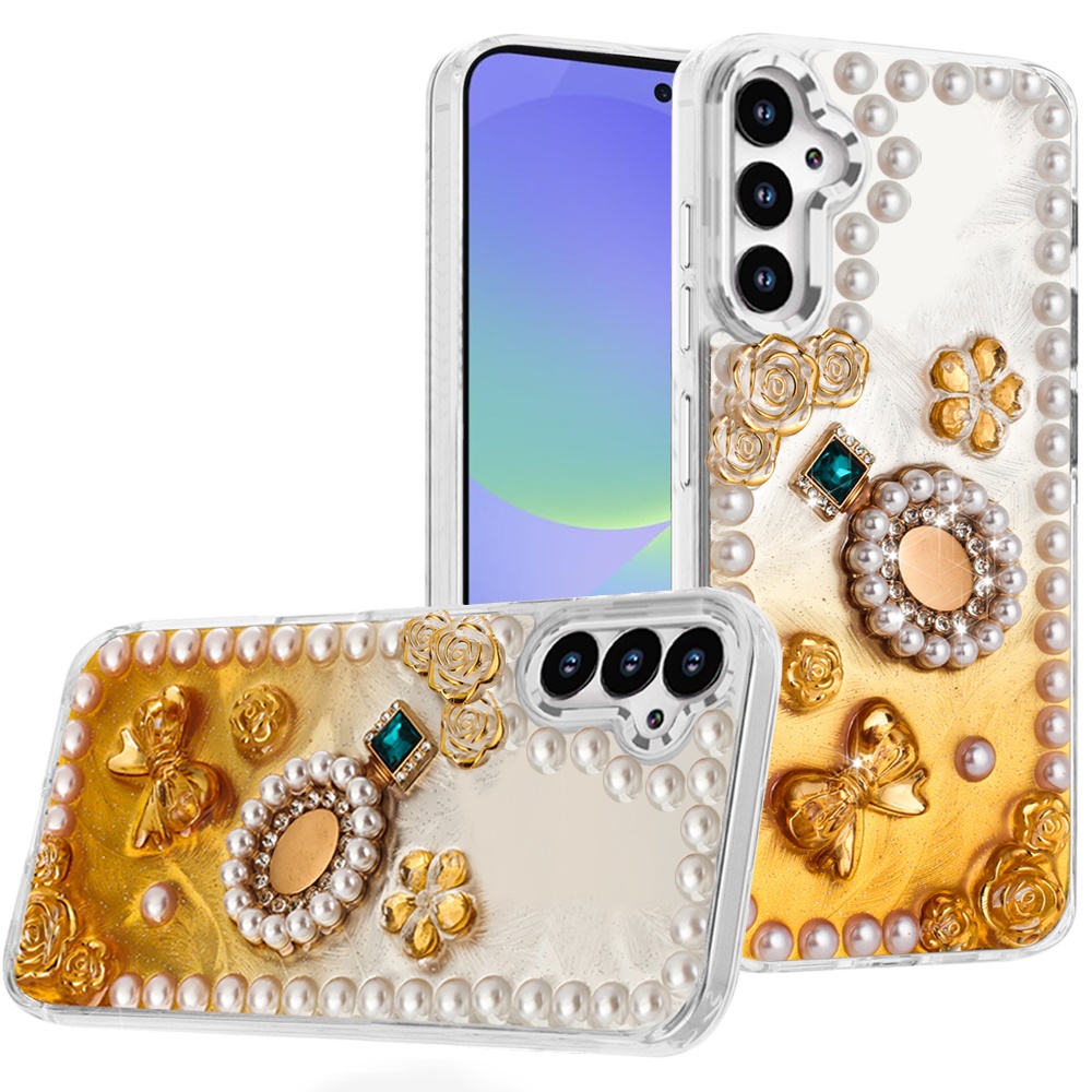 for samsung galaxy a36 / a56 pearls epoxy glitter ornaments design chrome edged case 8