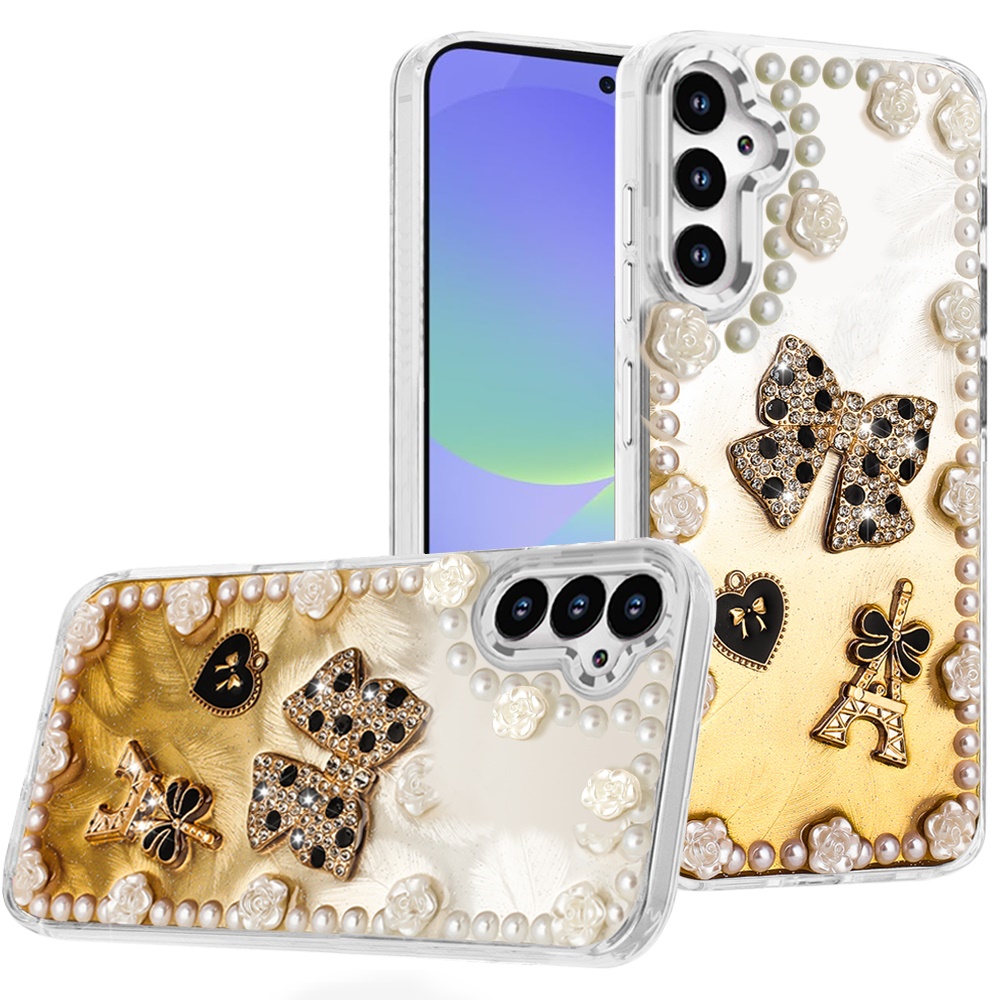 for samsung galaxy a36 / a56 pearls epoxy glitter ornaments design chrome edged case 9