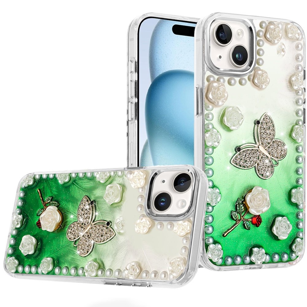 for iphone 15 pearls epoxy glitter ornaments design chrome edged case 6