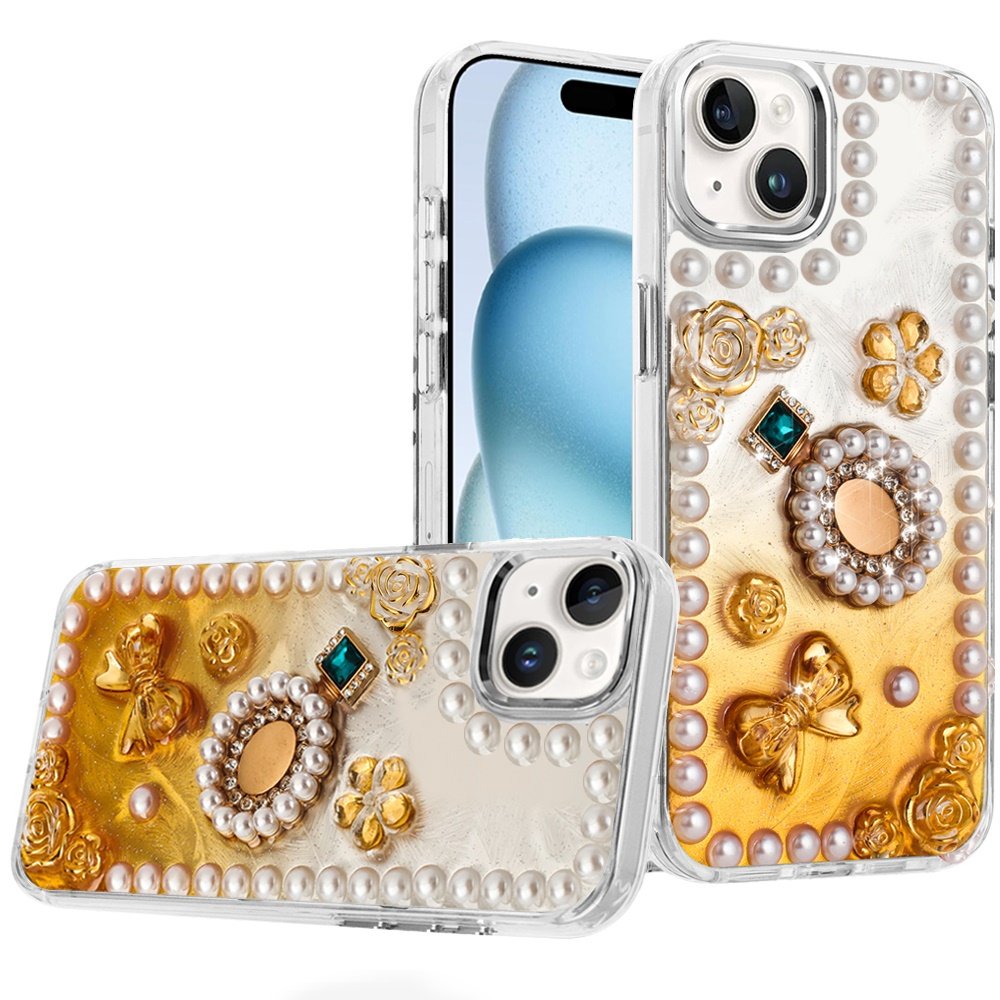 for iphone 15 pearls epoxy glitter ornaments design chrome edged case 8