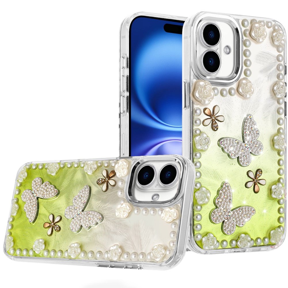 for iphone 16 6.1 inch pearls epoxy glitter ornaments design chrome edged case 1