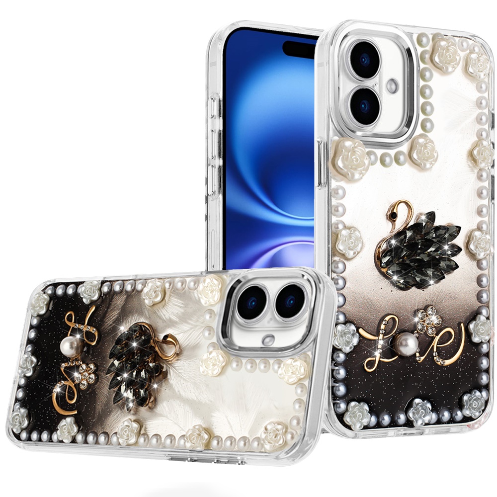 for iphone 16 6.1 inch pearls epoxy glitter ornaments design chrome edged case 2