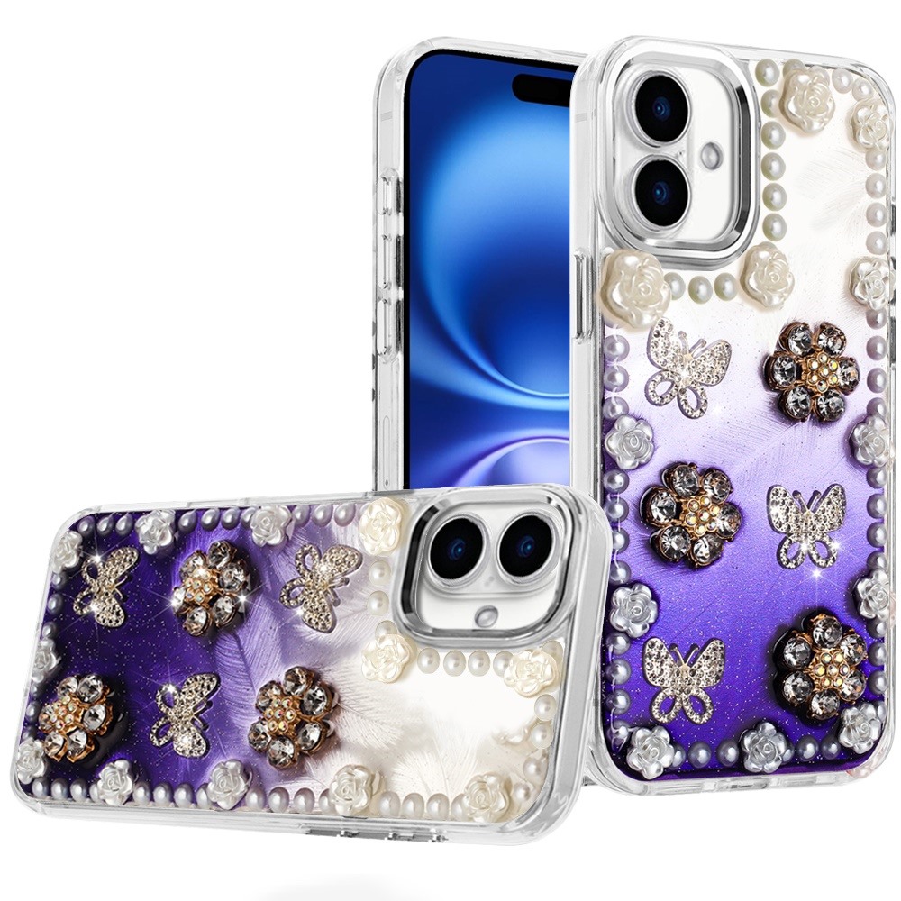 for iphone 16 6.1 inch pearls epoxy glitter ornaments design chrome edged case 3