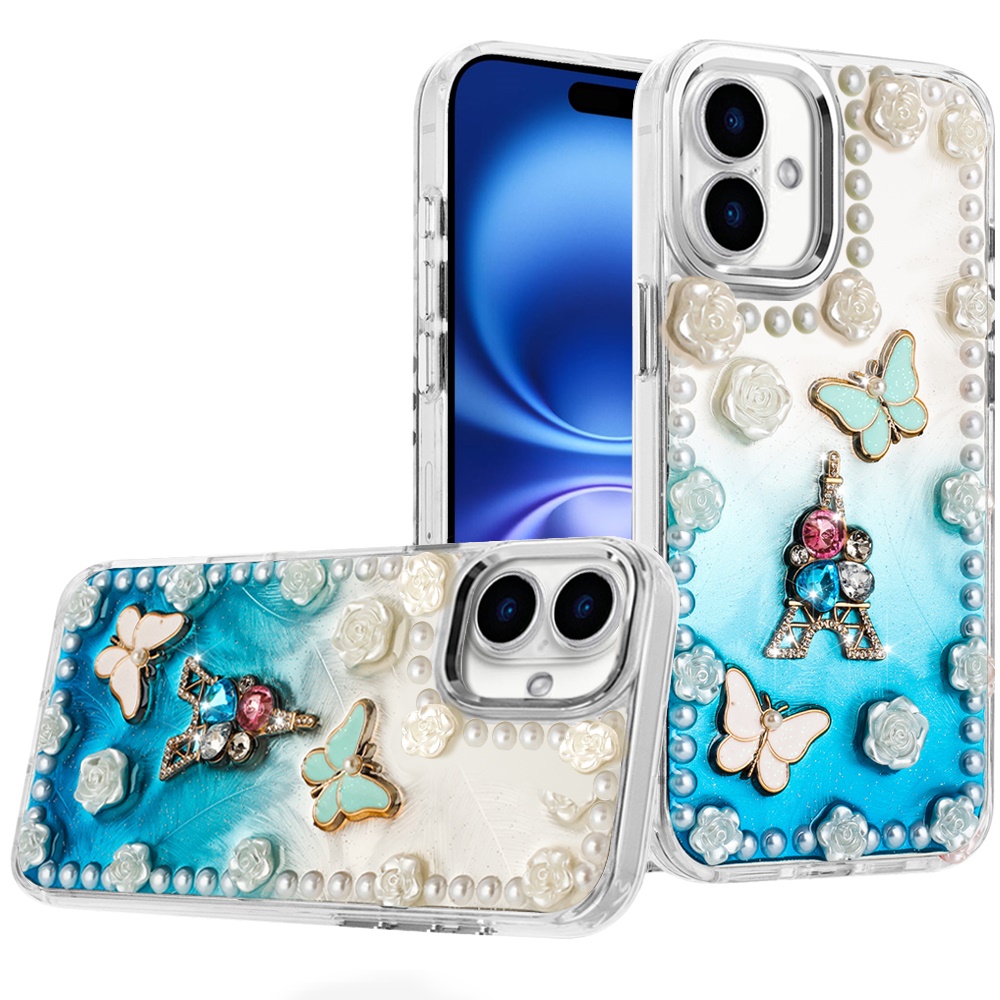 for iphone 16 6.1 inch pearls epoxy glitter ornaments design chrome edged case 4