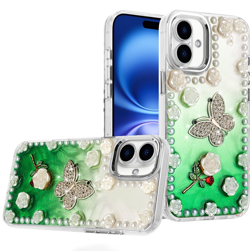 for iphone 16 6.1 inch pearls epoxy glitter ornaments design chrome edged case 6