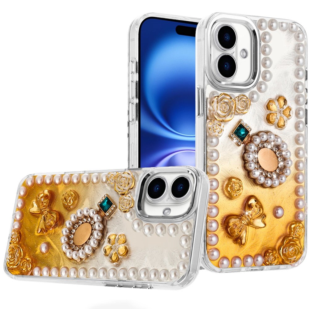 for iphone 16 6.1 inch pearls epoxy glitter ornaments design chrome edged case 9