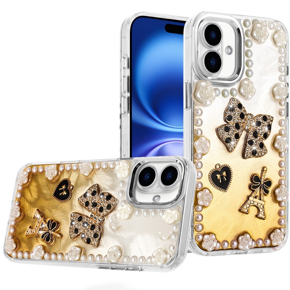 for iphone 16 6.1 inch pearls epoxy glitter ornaments design chrome edged case 9