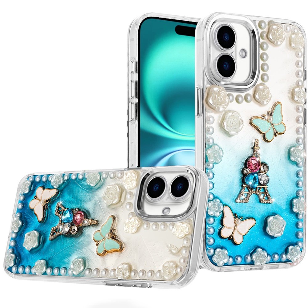 for iphone 17 pearls epoxy glitter ornaments design chrome edged case 4