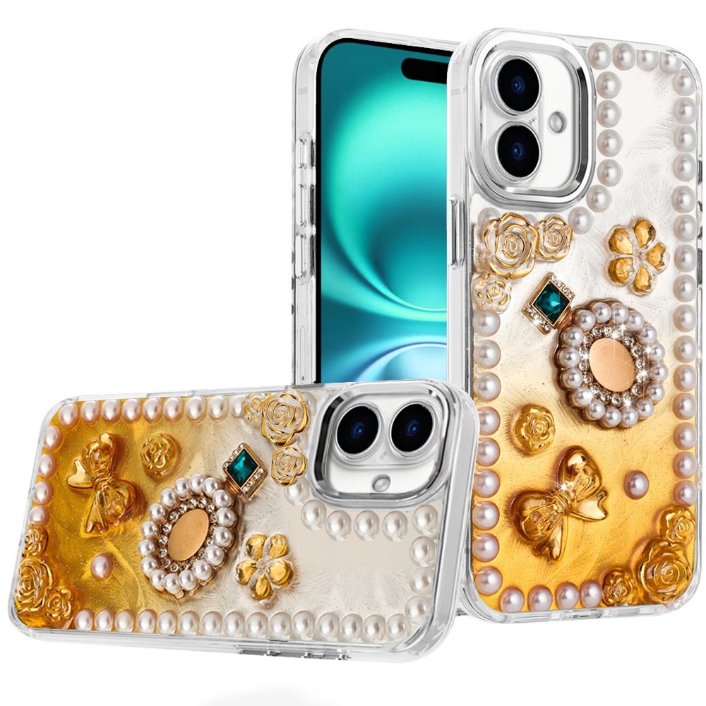 for iphone 17 pearls epoxy glitter ornaments design chrome edged case 8