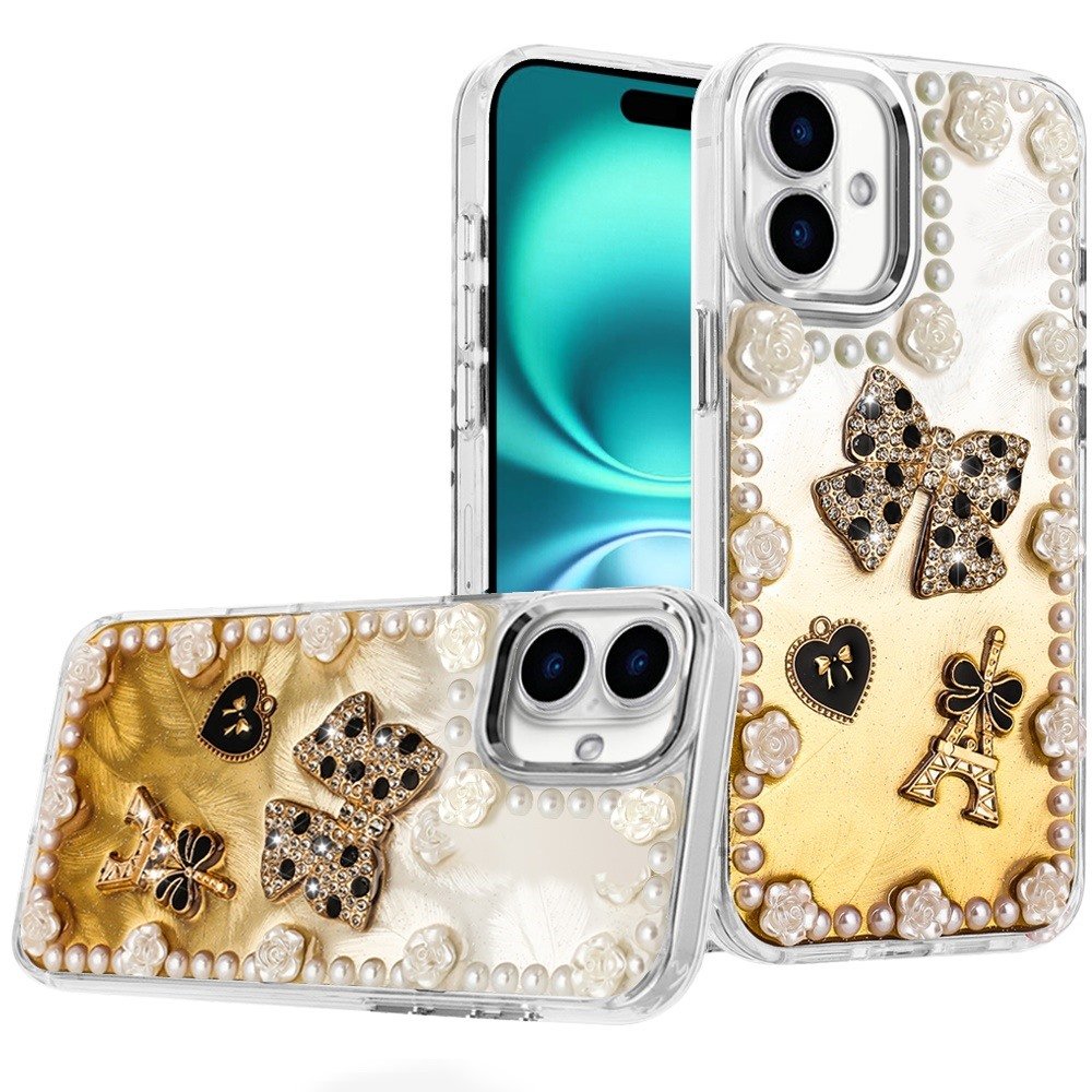 for iphone 17 pearls epoxy glitter ornaments design chrome edged case 9