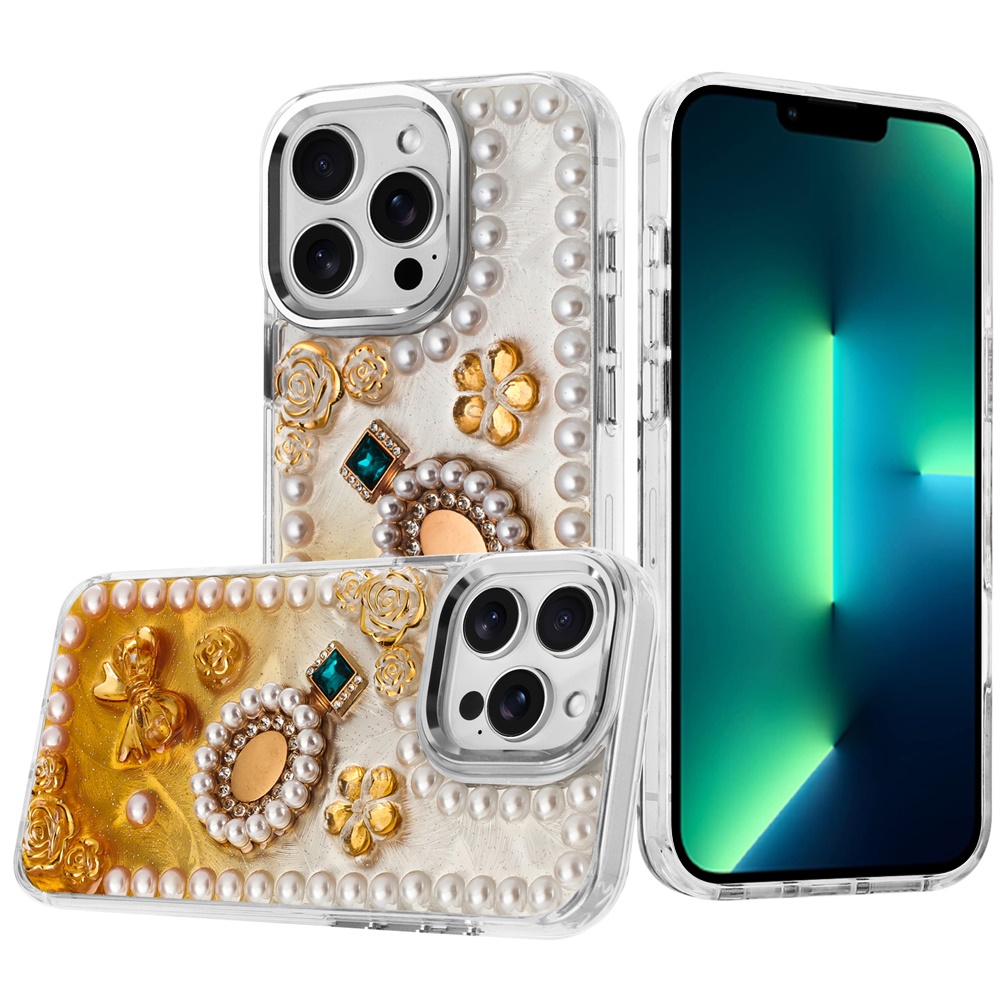 for iphone 13 pro max pearls epoxy glitter ornaments design chrome edged case 8