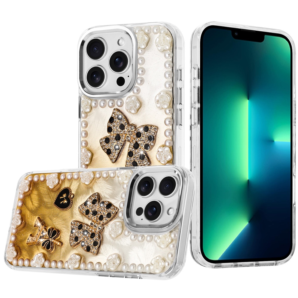 for iphone 13 pro max pearls epoxy glitter ornaments design chrome edged case 9