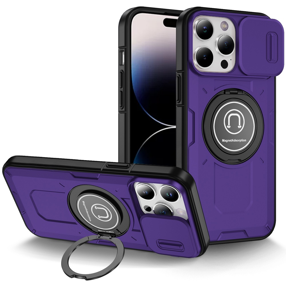 for iphone 14 pro max 6.7" push mount friendly camera protective [ring stand] hybrid case dark purple