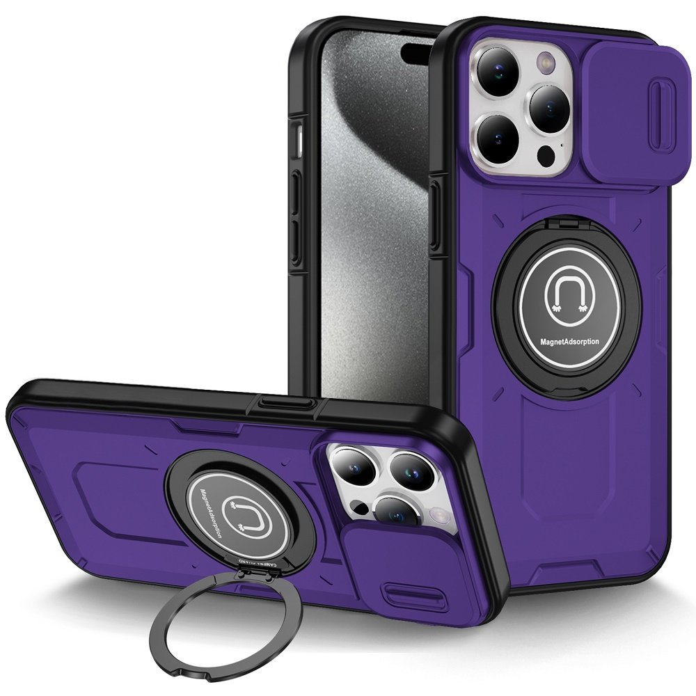 for ip15 pro max push mount friendly camera protective [ring stand] hybrid case dark purple