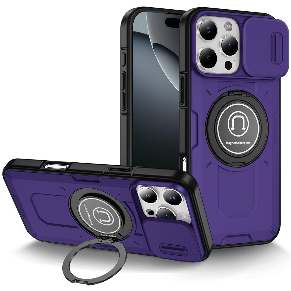 for iphone 16 pro max 6.9 inch push mount friendly camera protective [ring stand] hybrid case dark purple