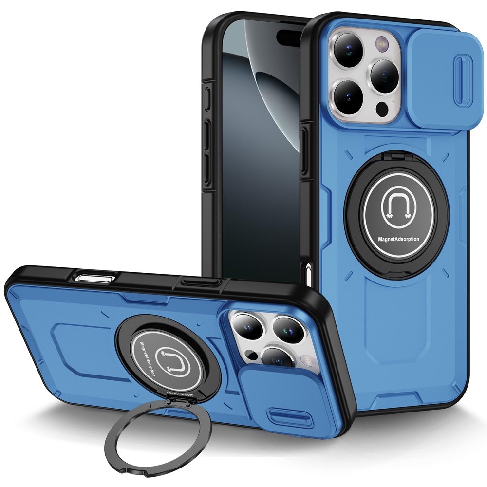for iphone 16 pro max 6.9 inch push mount friendly camera protective [ring stand] hybrid case light blue