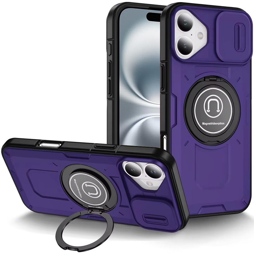 for iphone 16 6.1 inch push mount friendly camera protective [ring stand] hybrid case dark purple