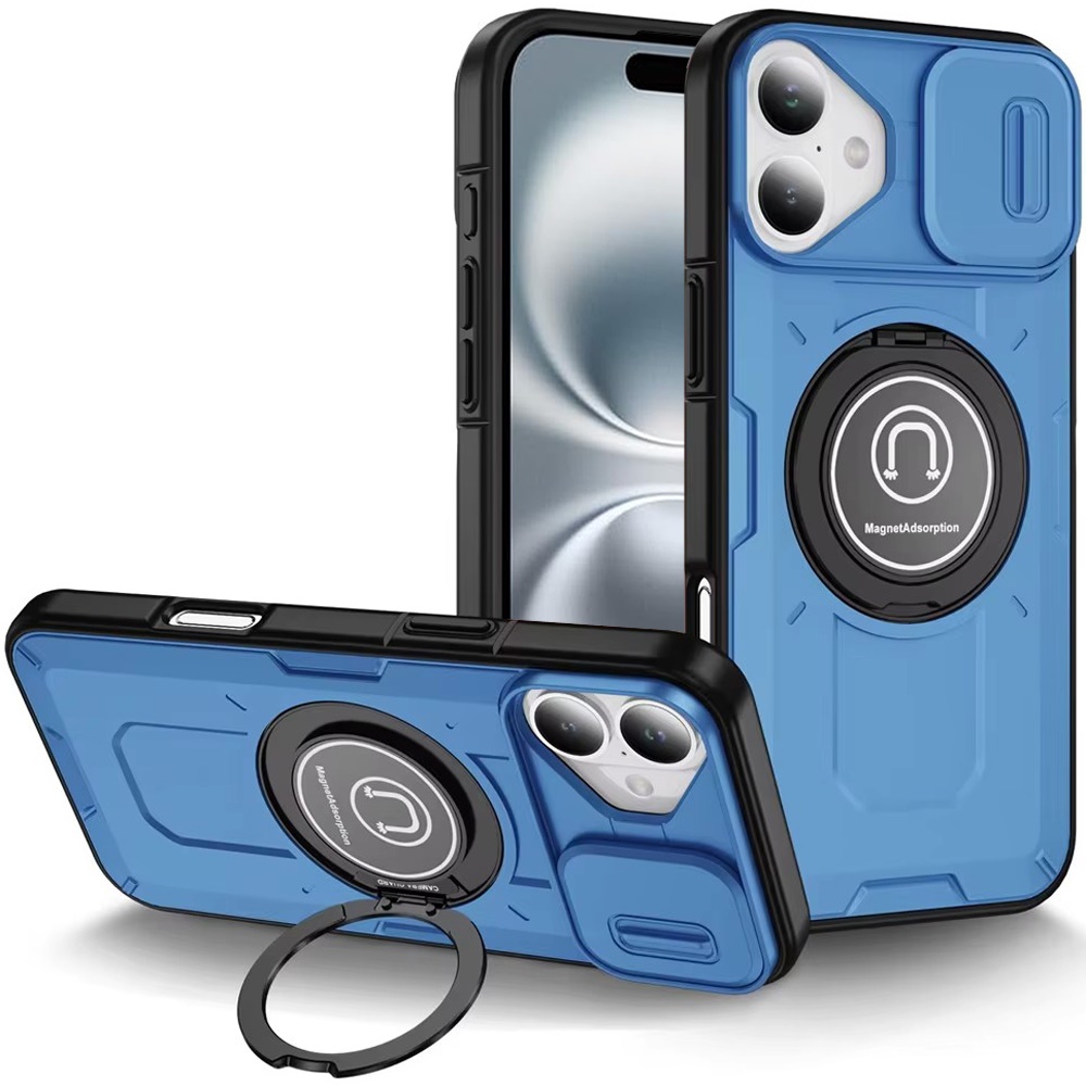 for iphone 16 6.1 inch push mount friendly camera protective [ring stand] hybrid case light blue