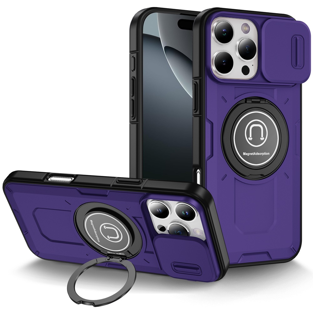 for iphone 16 pro 6.3 inch push mount friendly camera protective [ring stand] hybrid case dark purple