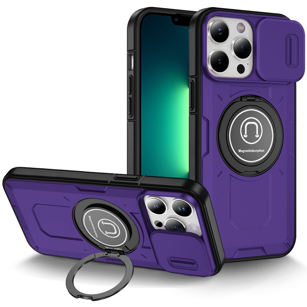 for iphone 13 pro max push mount friendly camera protective [ring stand] hybrid case dark purple