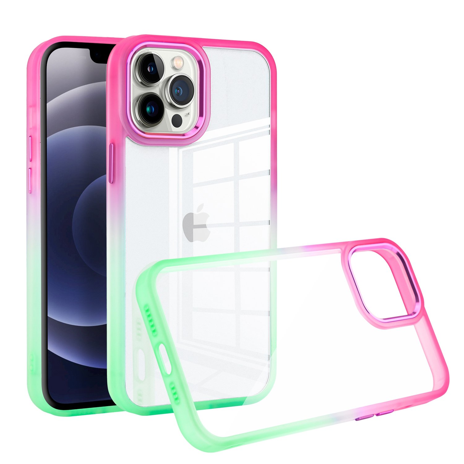 for apple iphone 14 pro 6.1" radiant two tone transparent thick hybrid case cover hot pink/teal