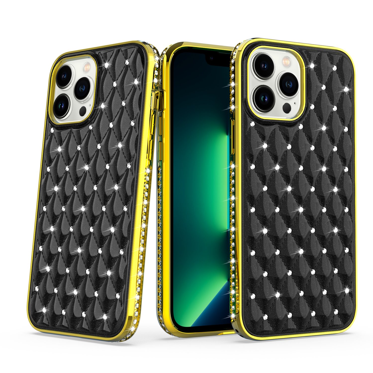 for apple iphone 14 pro 6.1" radiant chrome diamonds hybrid case cover black