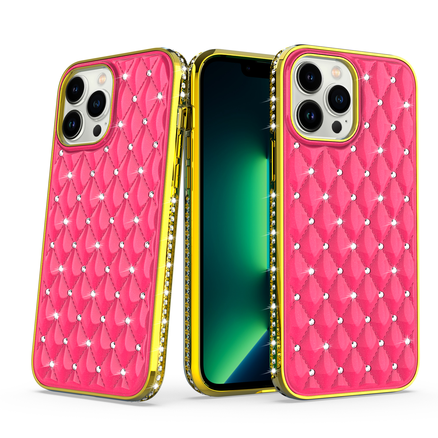 for apple iphone 14 pro 6.1" radiant chrome diamonds hybrid case cover hot pink